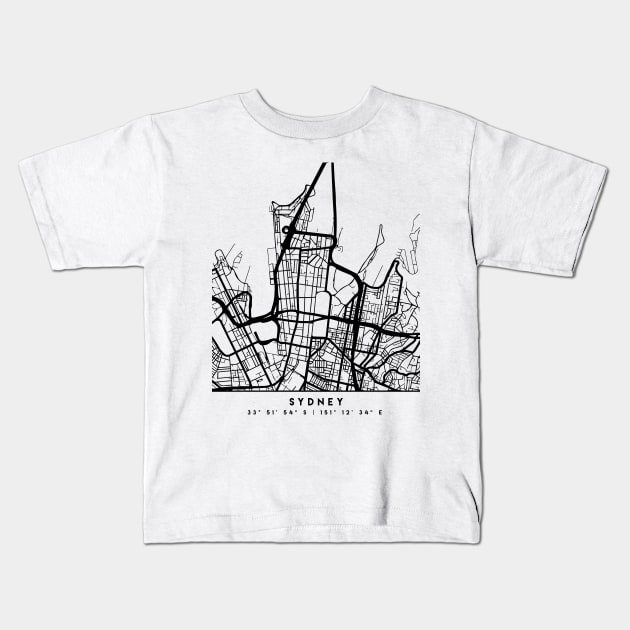 SYDNEY AUSTRALIA BLACK CITY STREET MAP ART Kids T-Shirt by deificusArt